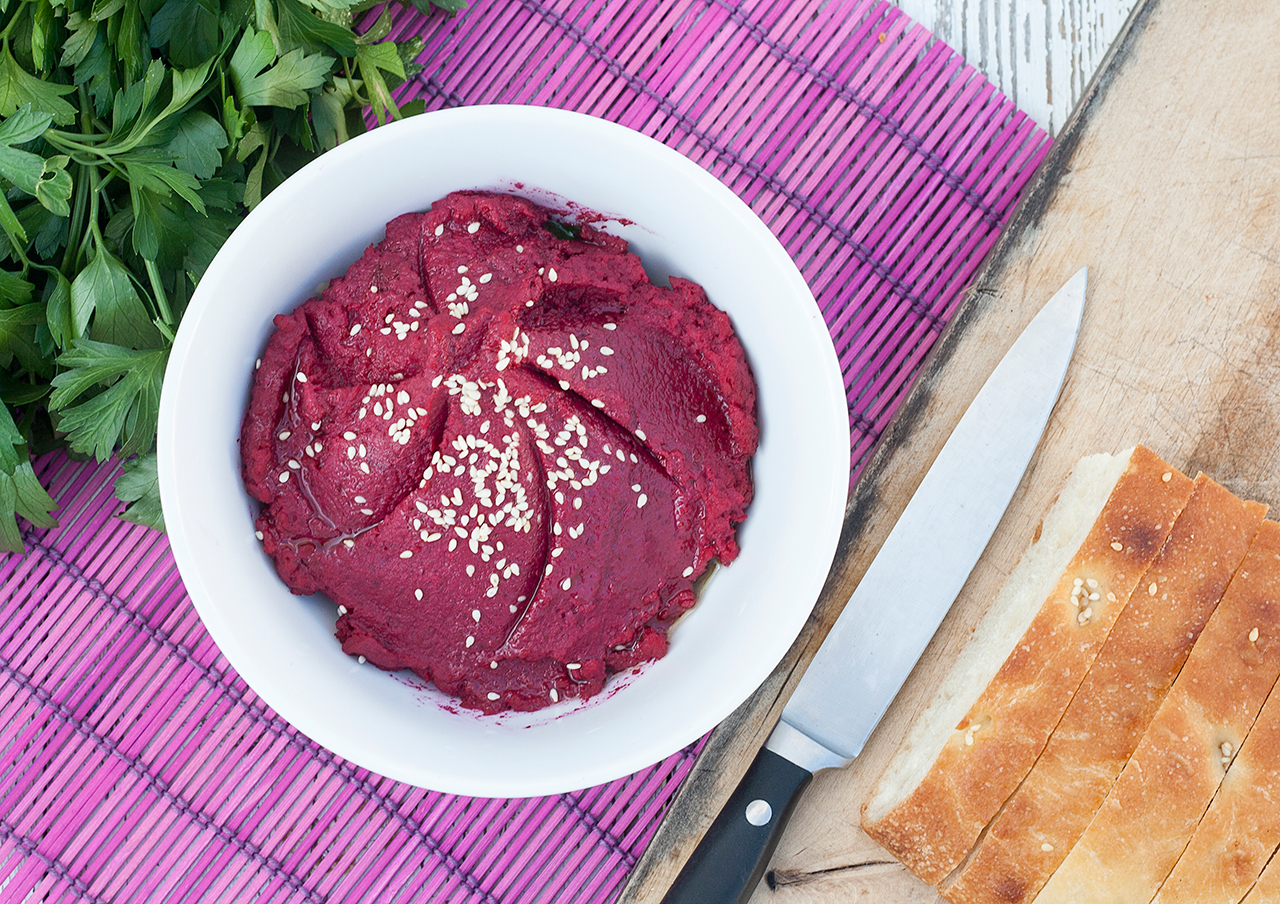 Roasted beetroot hummus Lazy Cat Kitchen