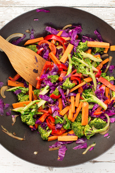 rainbow stir fry in a wok