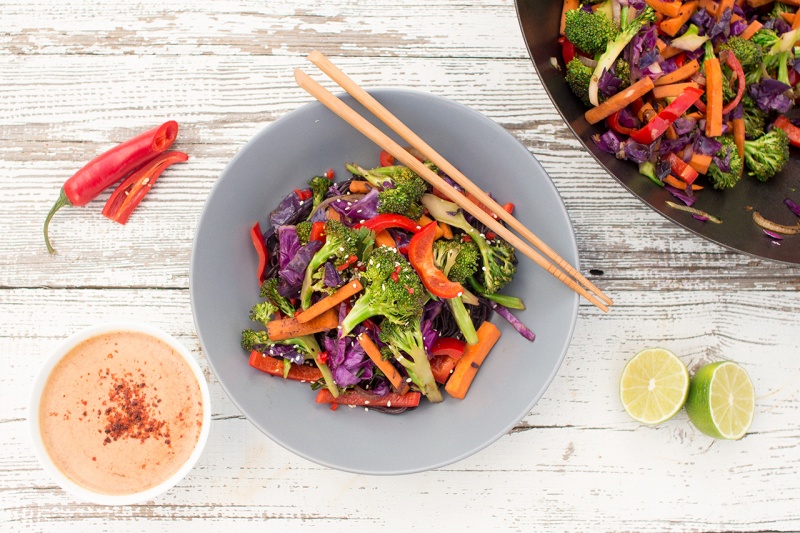 rainbow stirfry with peanut sauce