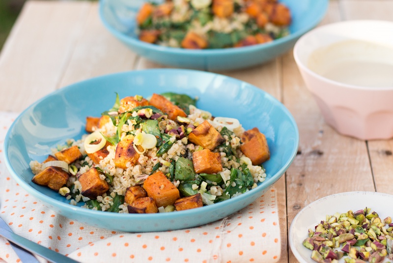 bulgur wheat sweet potato cube tahini sauce for two