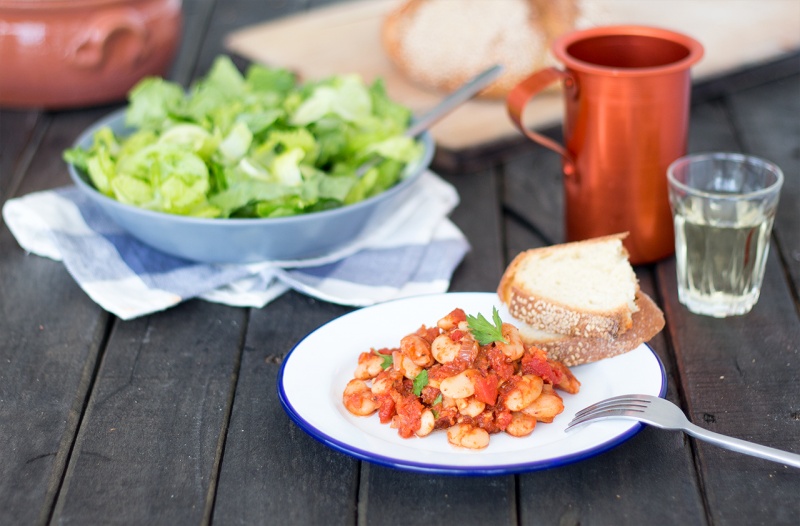 greek baked beans plated