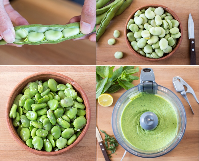 preparing broad bean hummus