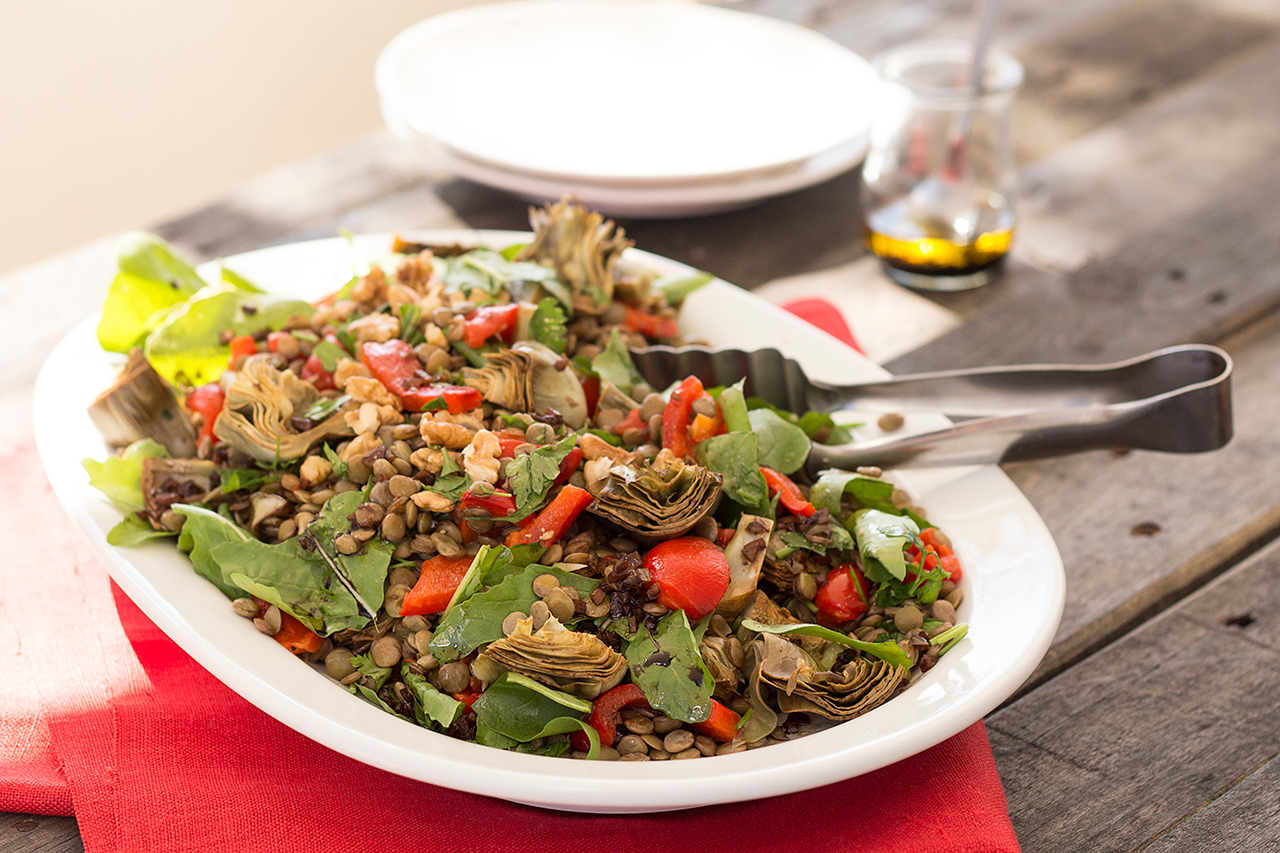 lentils with roast artichokes and peppers