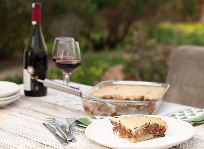 vegan moussaka dinner al fresco