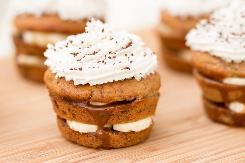 vegan banana coconut cupcakes on a tray