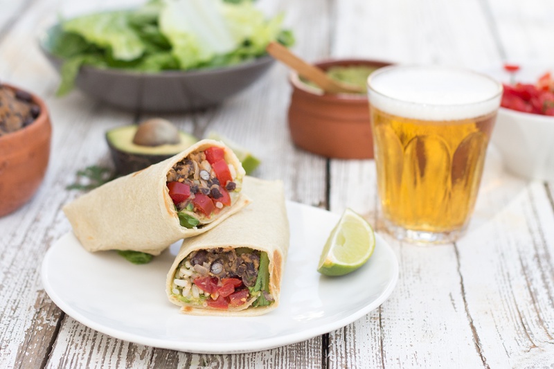 vegan burrito and beer