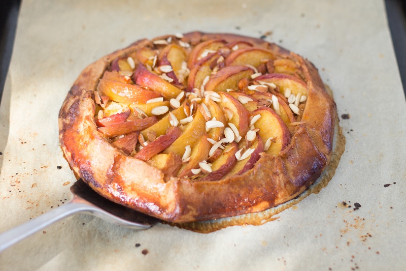 Vegan peach frangipane galette sideview