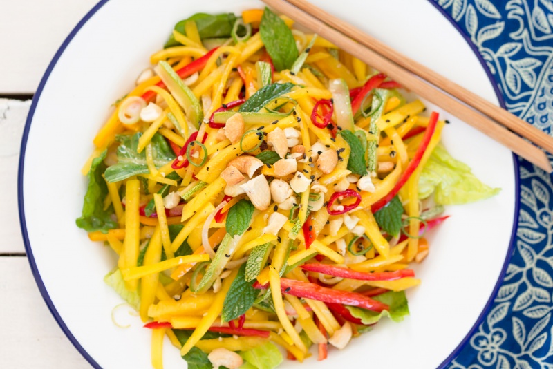 thai mango salad portion close up