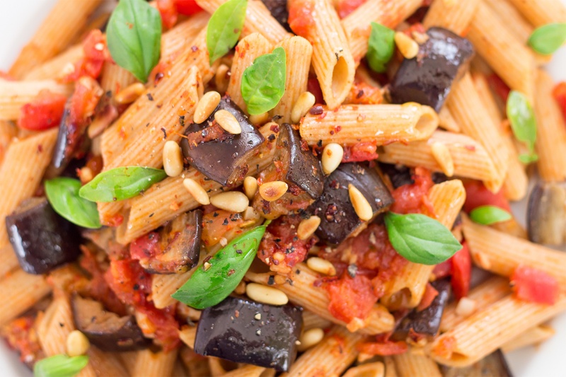 vegan pasta alla norma close up