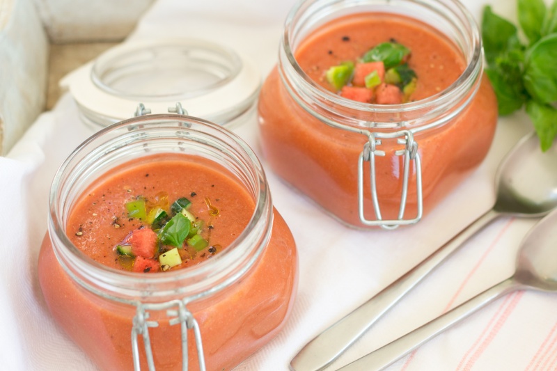chilled watermelon gazpacho in jars