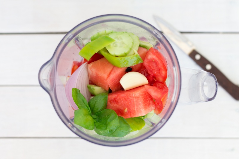 chilled watermelon gazpacho making