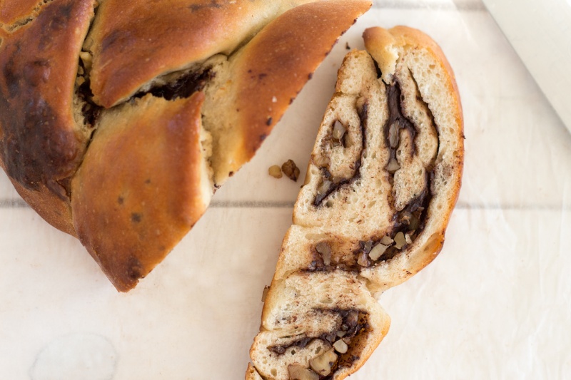 chocolate walnut vegan challah slice close up