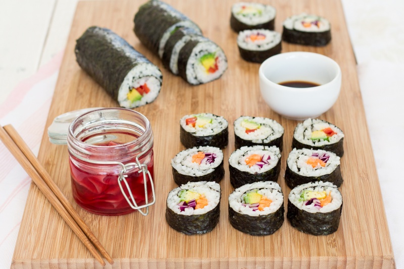 vegan sushi rolls and pickled ginger