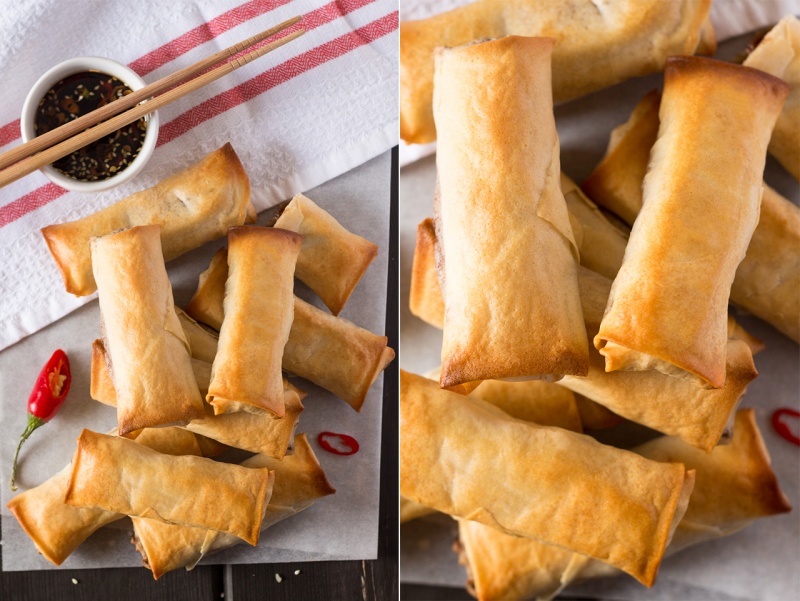 vegan baked spring rolls scattered top down