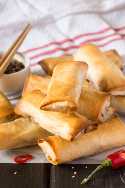 baked spring rolls with a dipping sauce