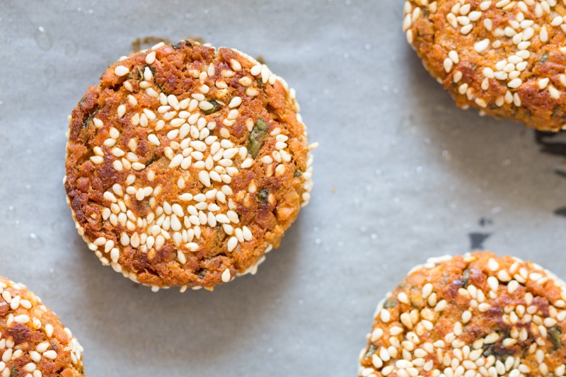 baked sweet potato falafels on baking tray