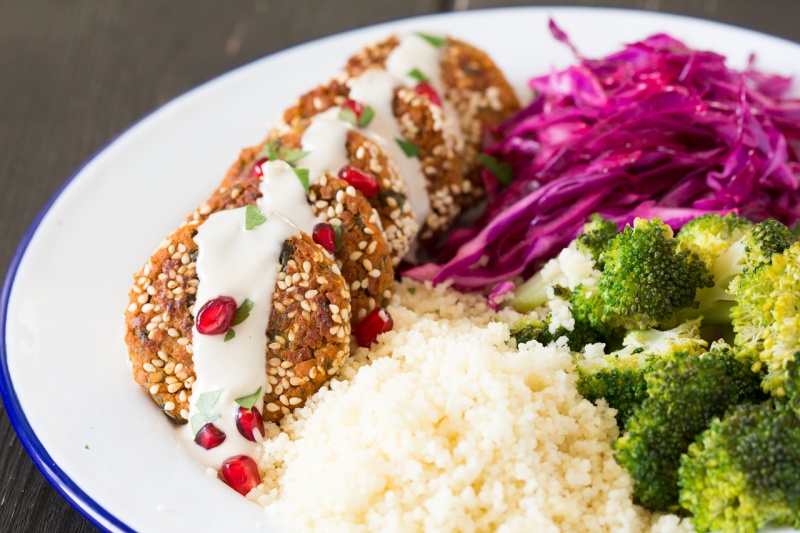 baked sweet potato falafels with tahini sauce lunch