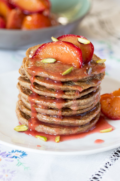 cinnamon pancakes with spiced plums stack