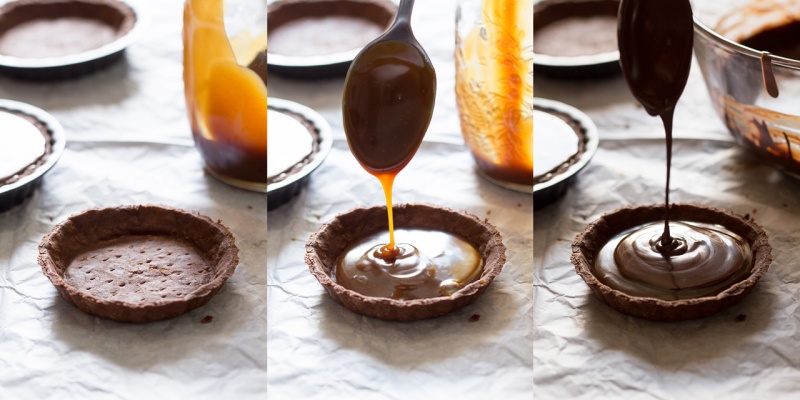 filling vegan chocolate and salted caramel tarts