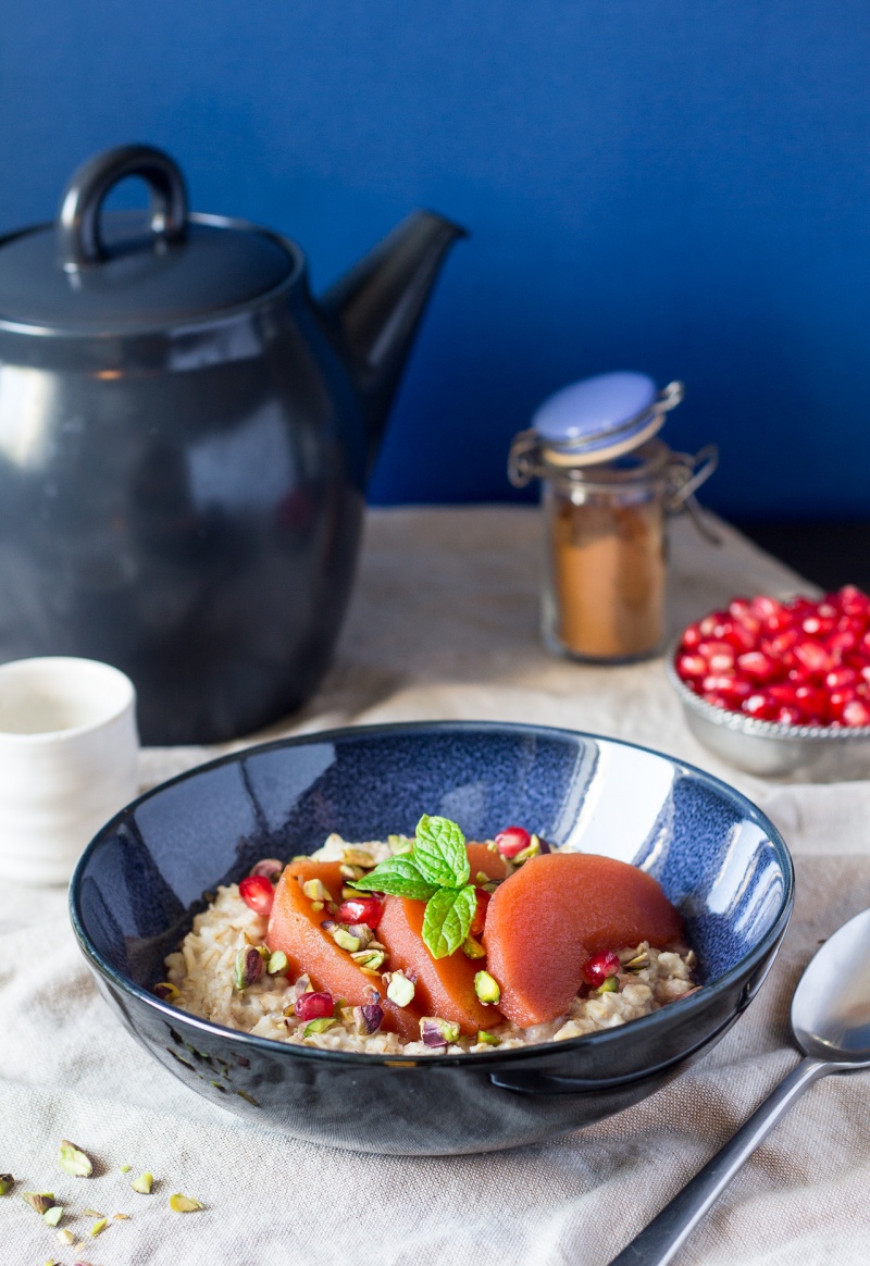 autumn porridge with poached quince side view