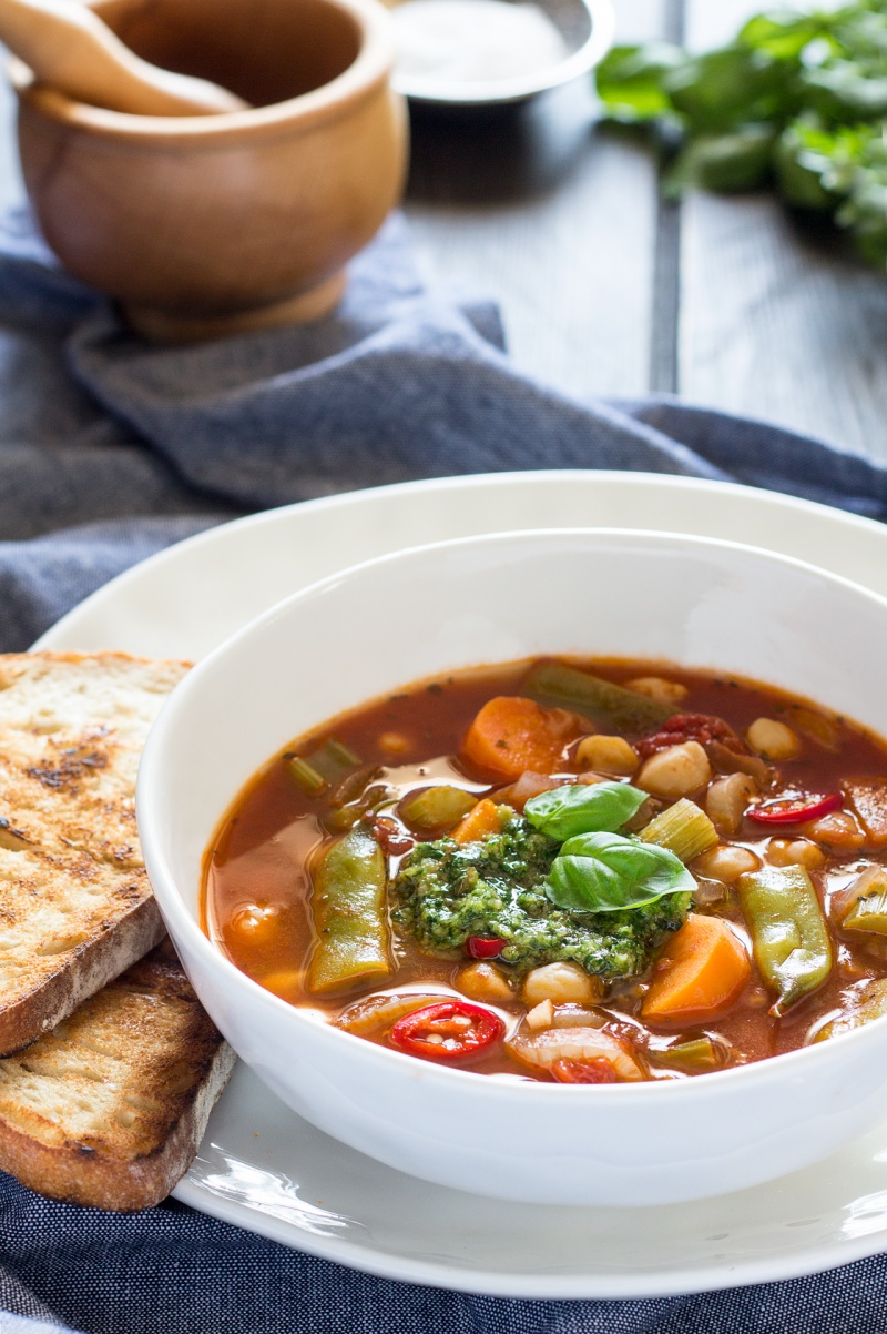 chickpea and vegetable soup with pesto