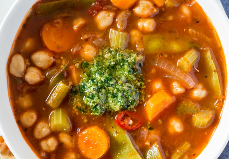 chickpea and vegetable soup with pesto top down