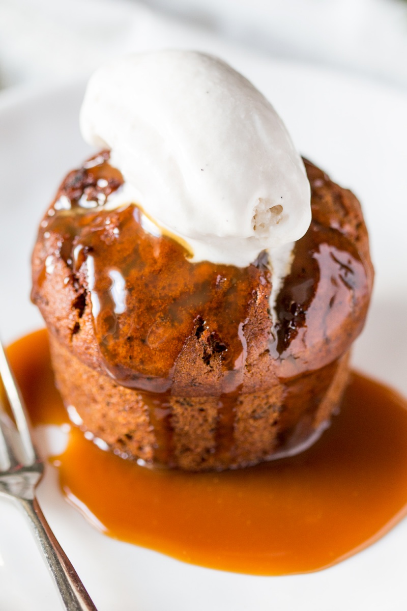 individual sticky toffee pudding with vanilla ice cream