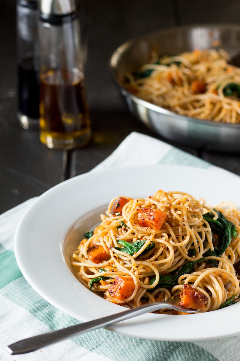 pumpkin spinach walnut spaghetti portion