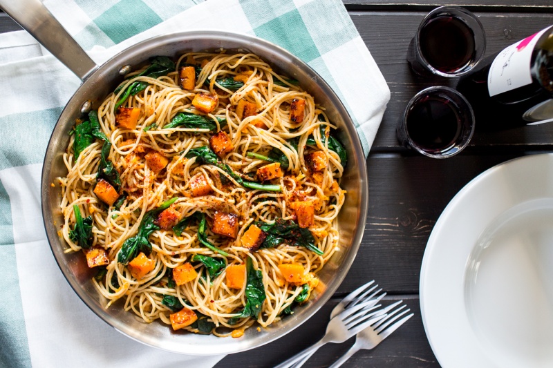 pumpkin spinach walnut spaghetti top down