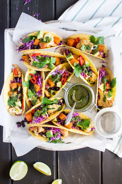 winter tacos with chimichurri sauce tray