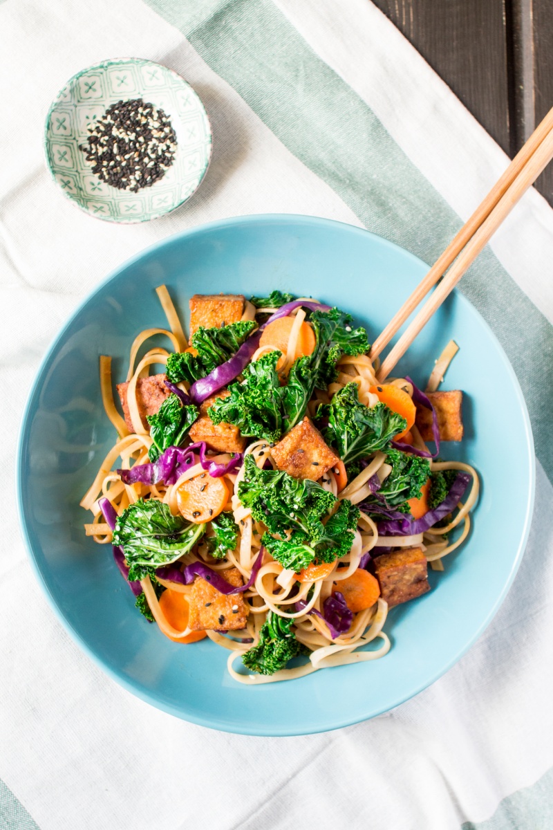 miso maple noodles with kale and tofu portion