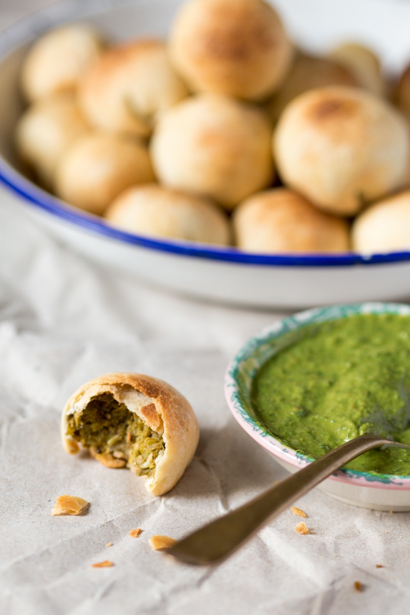 baked pea kachori with coriander chutney