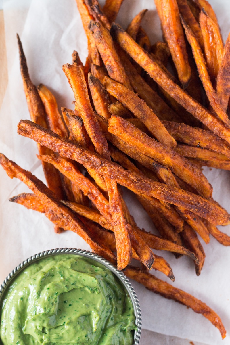 crispy sweet potato fries with avocado coriander dip