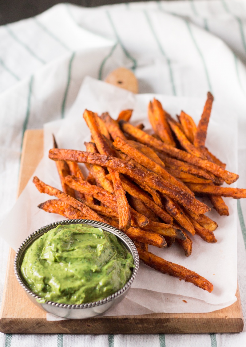 crispy sweet potato fries with avocado coriander dip sideview