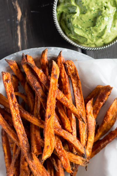 crispy sweet potato fries with avocado coriander dip topview