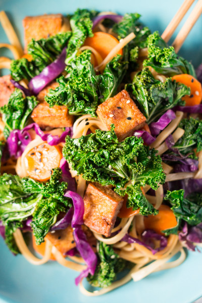 miso maple noodles with kale and tofu