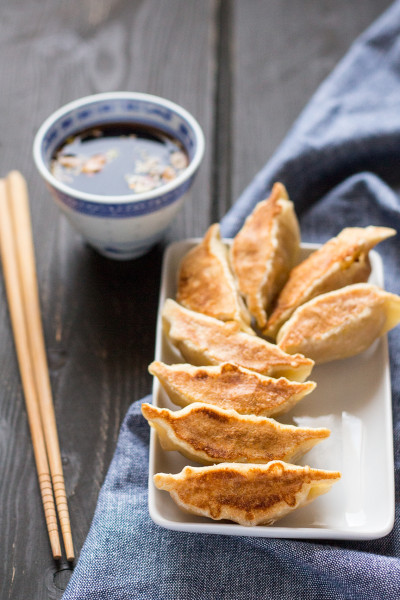 spicy butternut squash potstickers with dipping sauce