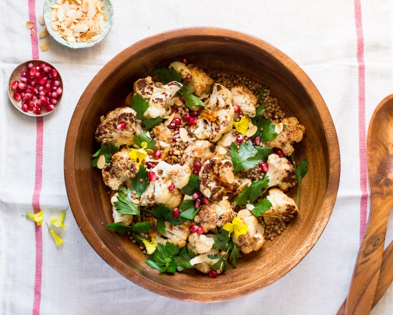 a bowl of roast cauliflower salad with balsamic maple reduction