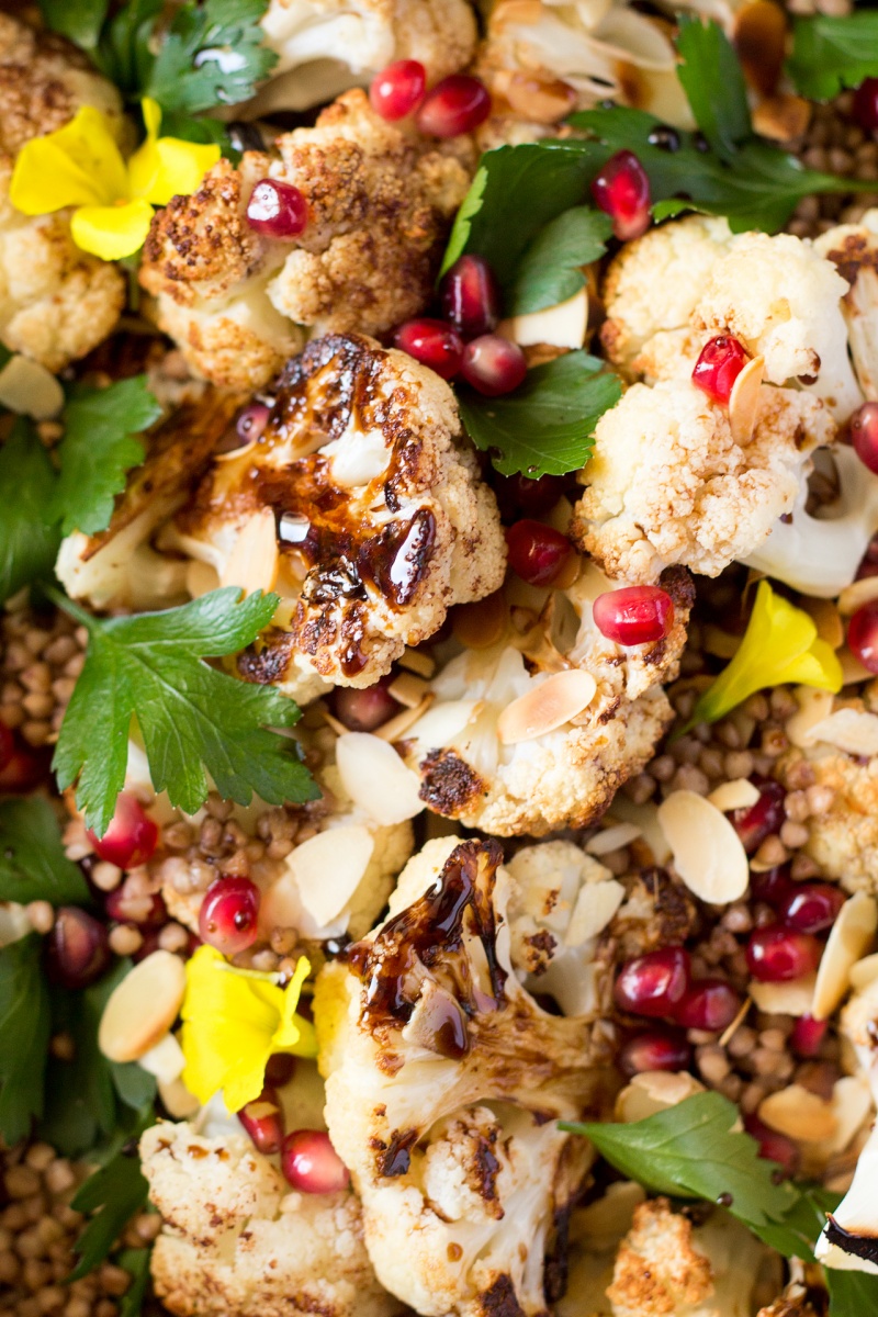 roast cauliflower salad with balsamic maple reduction close