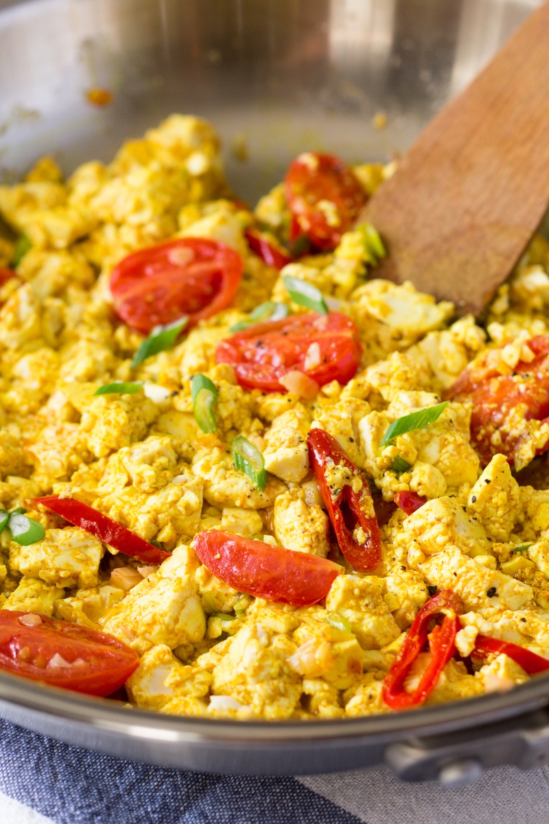 scrambled tofu in a pan