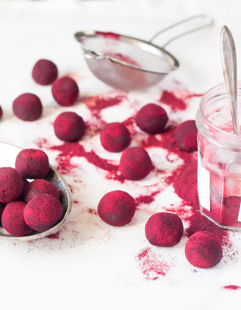 valentines amaretto truffles rolling in beetroot powder