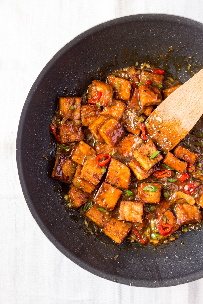 vegan black pepper tofu in a wok