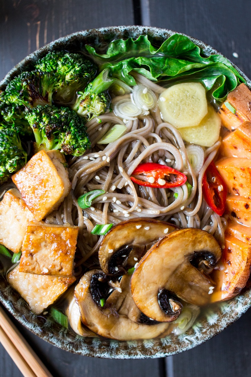 vegan ramen with grilled vegetables and tofu close up