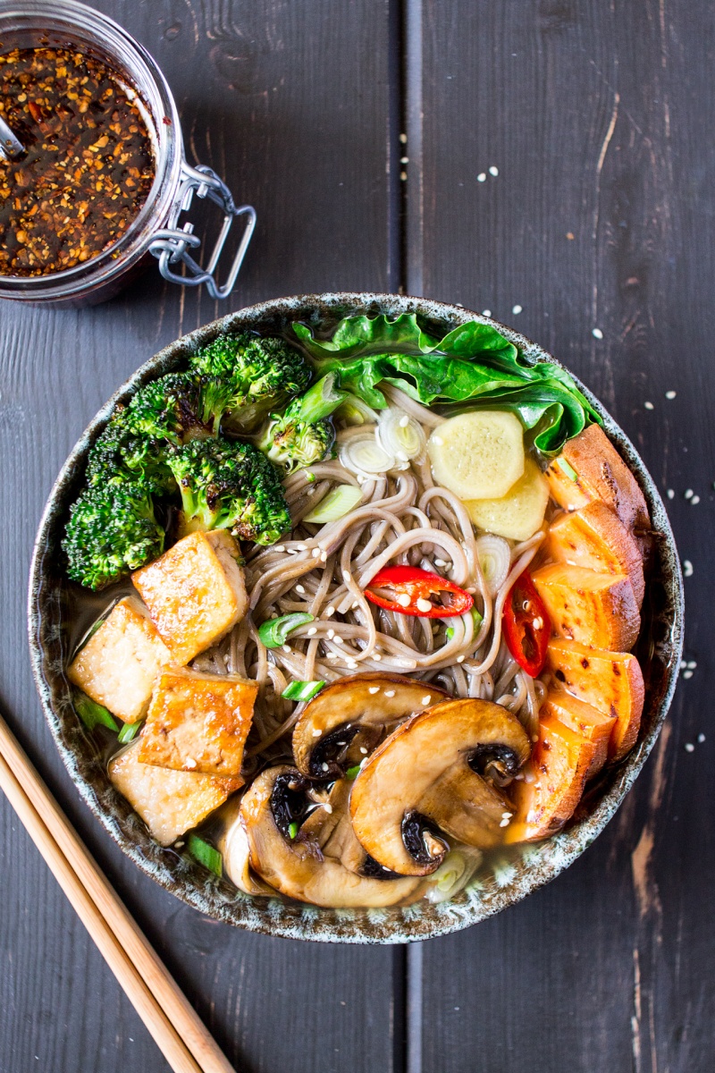 vegan ramen with grilled vegetables and tofu portion