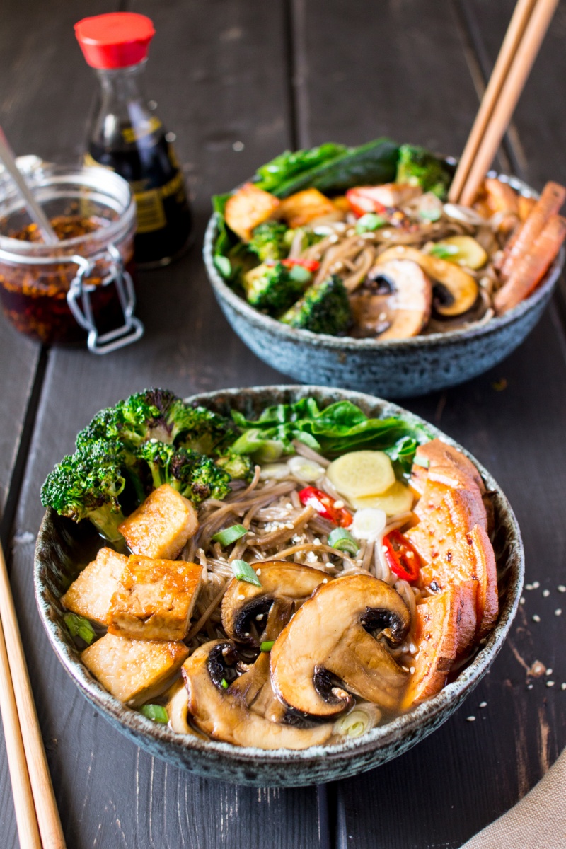 vegan ramen with grilled vegetables and tofu sideview