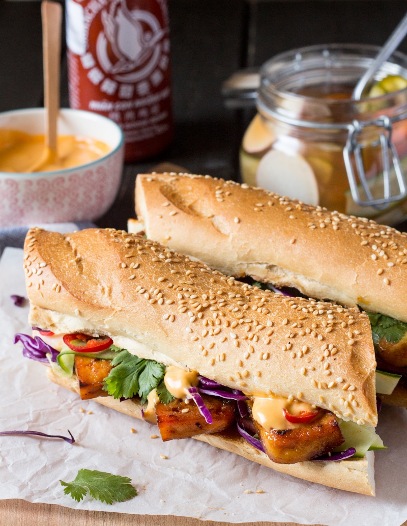 tofu bahn mi with vegan sriracha mayo