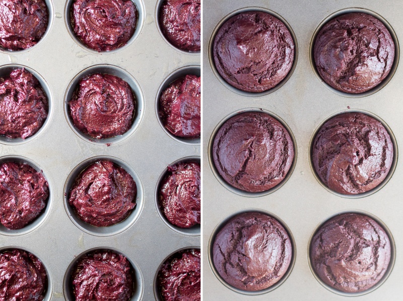 vegan chocolate cupcakes before and after baking