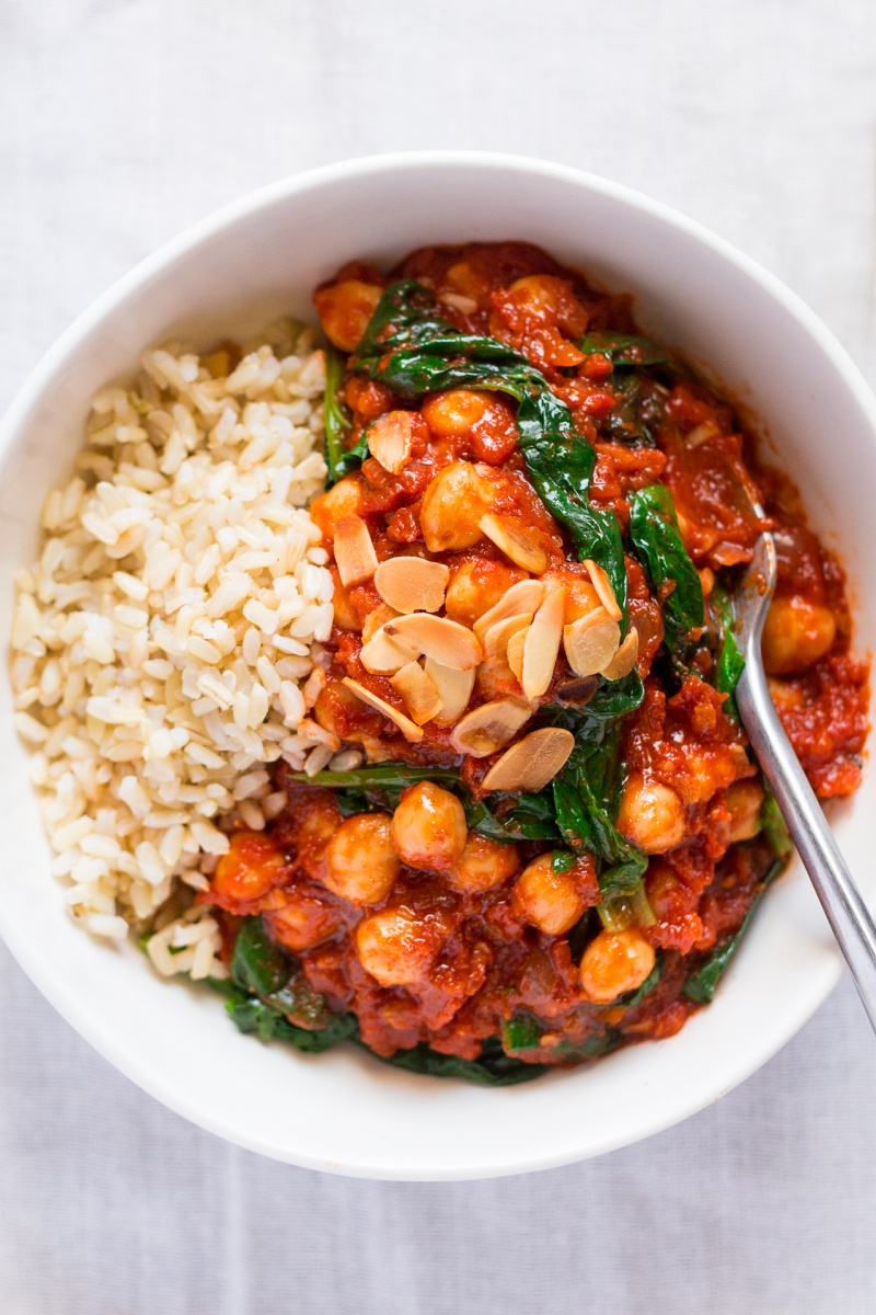 Spanish chickpea and spinach stew top down