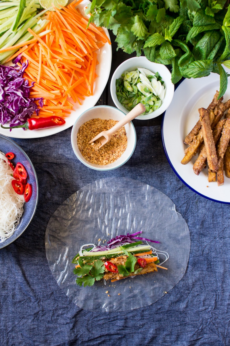 tofu rice paper rolls making