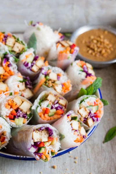 peanut tofu rice paper rolls platter